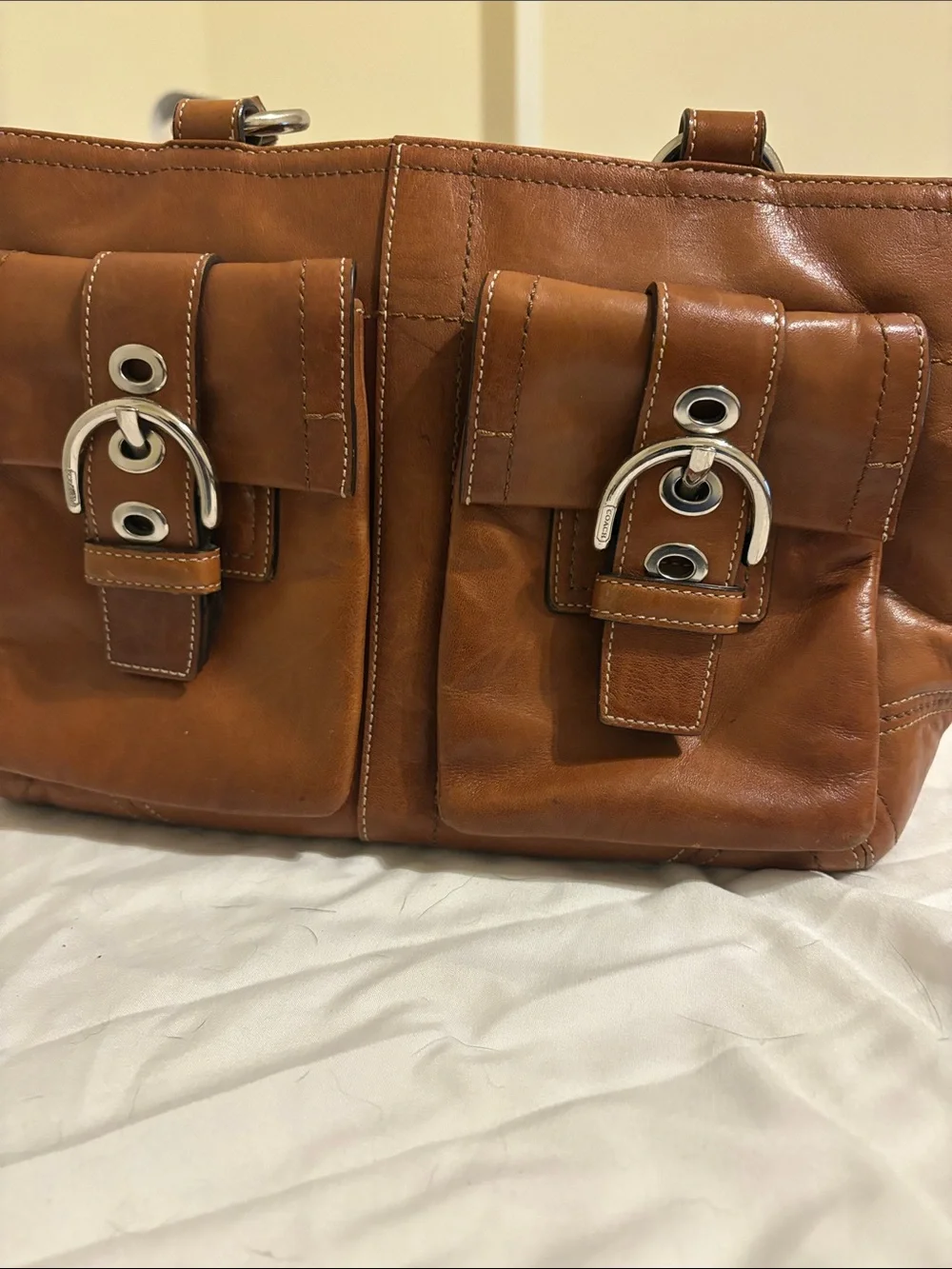 Coach MEDIUM Vibtage 8A09 Y2K SoHo tan leather double pocket satchel